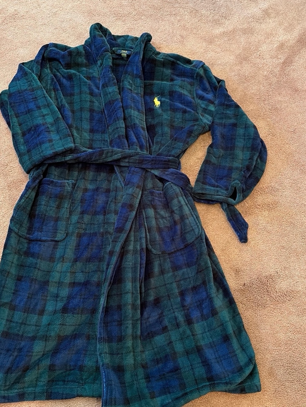 Polo by Ralph Lauren Green Blue Plaid Fleece Robe Jacket men’s velour loungwear